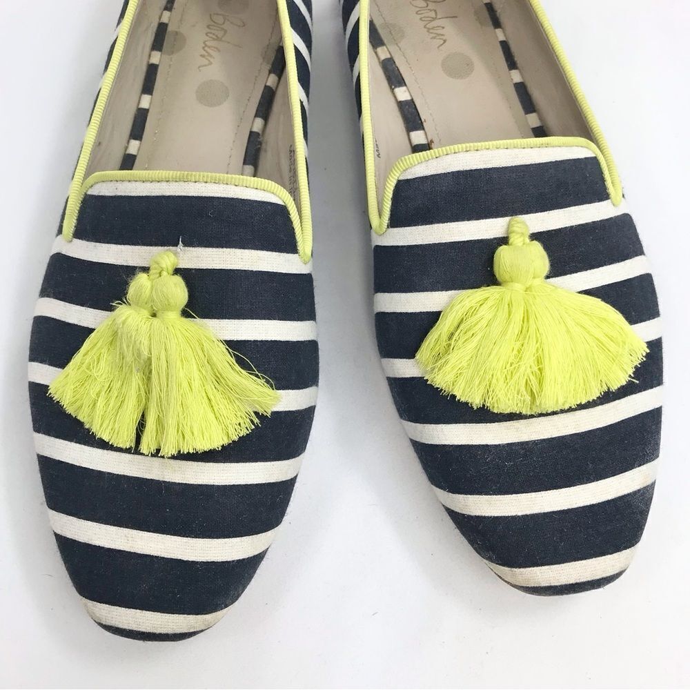 Boden Evelina Navy Blue White Stripe Neon Tassel Slip on Nautical Ballet Flats - Picture 10 of 16
